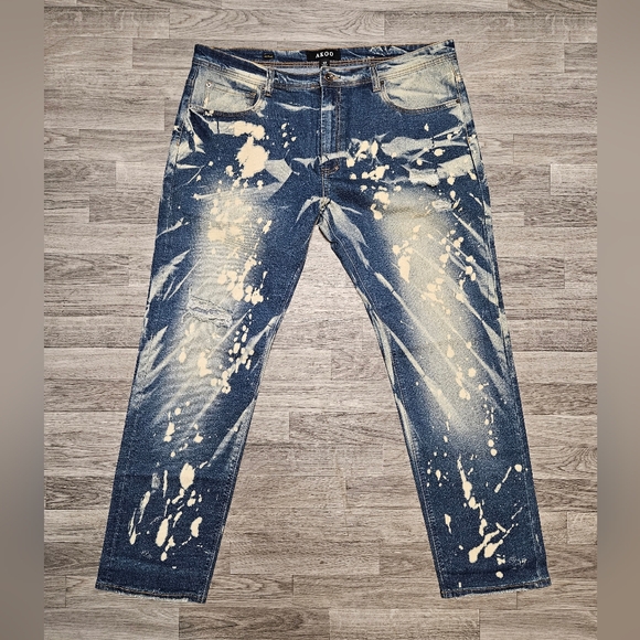 Akoo Empire Brand 42x36 Blue Acid Washed Paint Splatter Men's Baggy Jeans